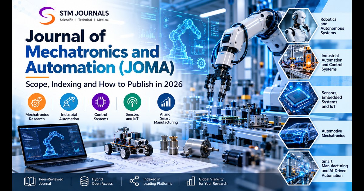 Mechatronics Journal (JOMA): Scope, Indexing and How to Publish in 2026 2 Mechatronics journal JOMA cover showing robotic arm, embedded systems prototype and industrial automation line