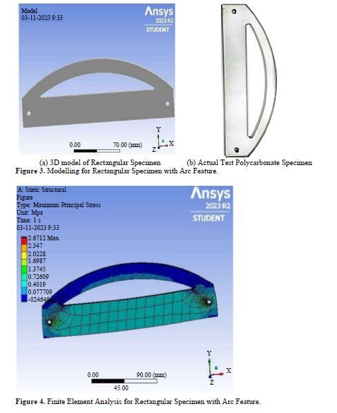 Using FEA Simulation and Photoelasticity Techniques to observe Integrated Stress Pattern for Transparent Polycarbonate Rectangular Specimen having Arc Feature 4 figures