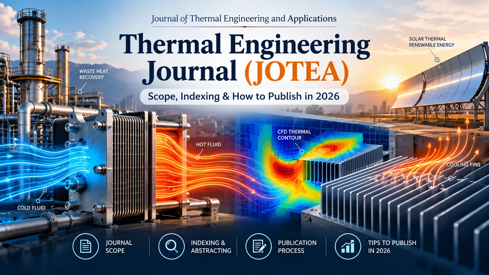 Thermal engineering journal JOTEA cover showing plate heat exchanger, CFD thermal contour and cooling fins