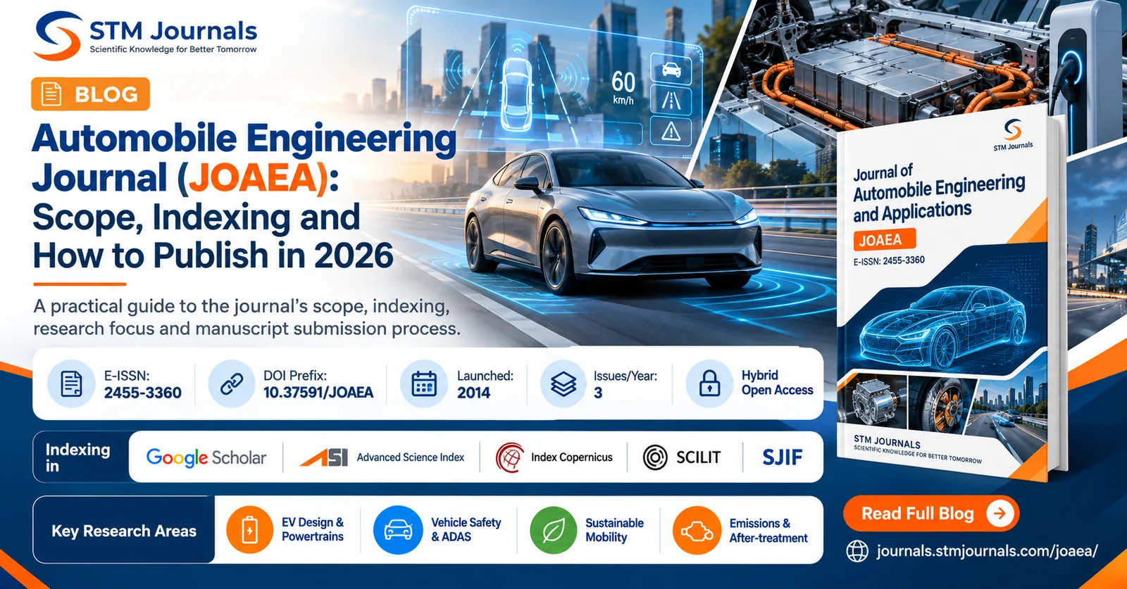 Automobile engineering journal JOAEA blog cover showing electric vehicle, ADAS display and EV battery pack